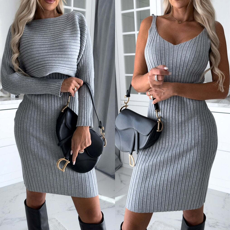2pcs Women's Solid Stripe Long-sleeved Top & Tight Suspender Skirt Set
